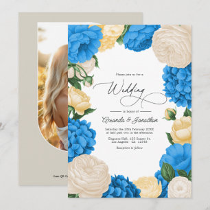 Convite Casamento Floral Azul Francês/Creme e Dourado Suav