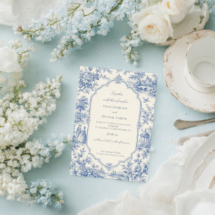 Convite Casamento Floral Azul Francês Toile de jouy