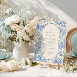 Convite Casamento Floral Azul Francês Toile de jouy
