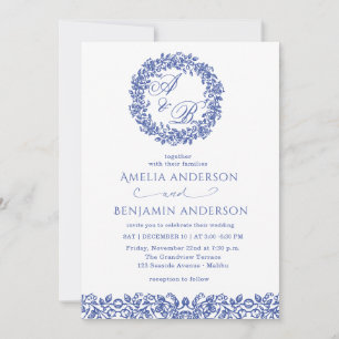 Convite Casamento Floral Azul Francês Vintage Elegante