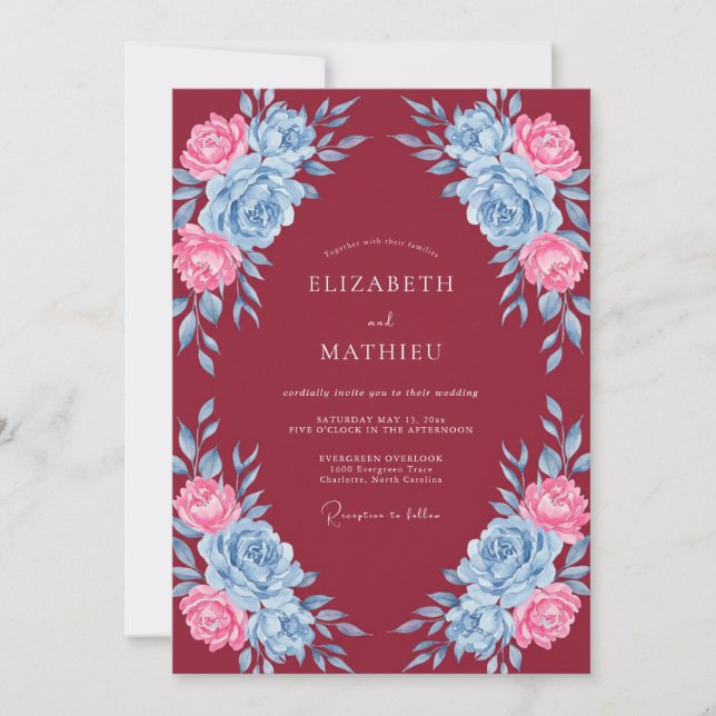 Convite Casamento Floral Azul Grená (Frente)
