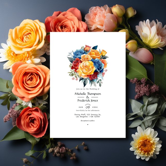 Convite Casamento Floral Azul, Laranja, Amarelo e Vermelho (Criador carregado)