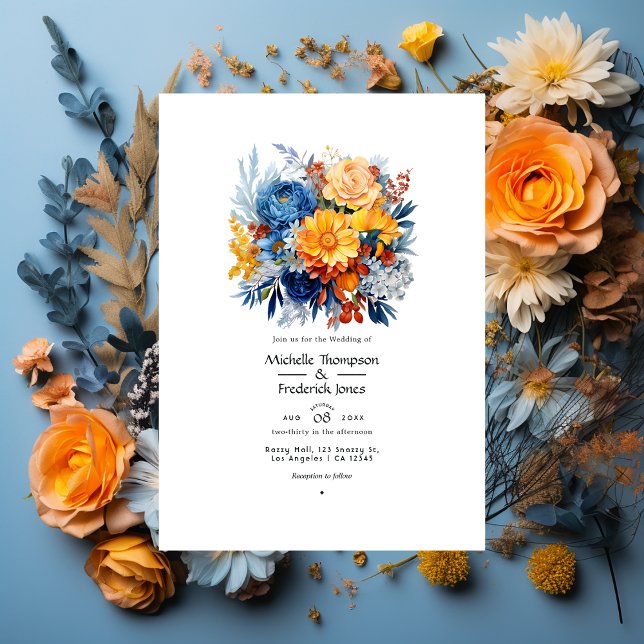 Convite Casamento Floral Azul, Laranja e Amarelo (Criador carregado)