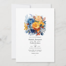 Convite Casamento Floral Azul, Laranja e Amarelo