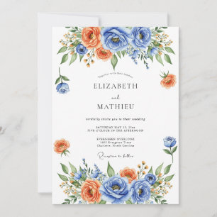 Convite Casamento Floral Azul Laranja em Flor