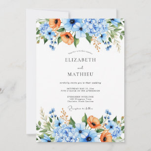 Convite Casamento Floral Azul Laranja Natureza