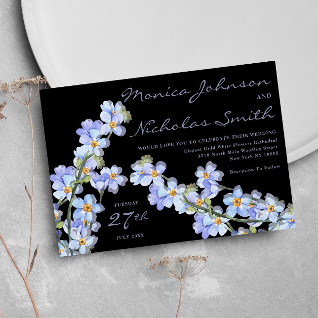 Convite Casamento floral azul-lavanda-elegante preto (Black elegant lavender blue green floral Wedding )