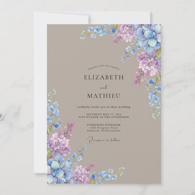 Convite Casamento Floral Azul Lilás Exuberante (Frente)