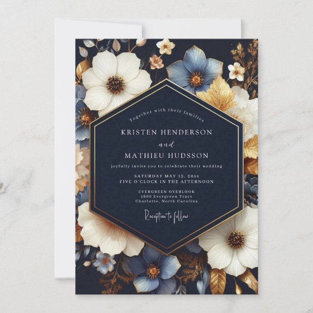Convite Casamento Floral Azul Marinho (Frente)