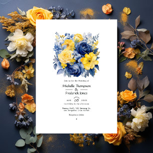 Convite Casamento Floral Azul Marinho, Amarelo e Azul