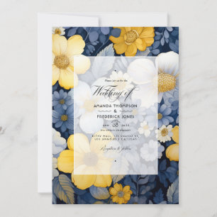 Convite Casamento Floral Azul Marinho, Amarelo e Branco