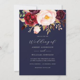 Convite Casamento Floral Azul Marinho Bege Borgonha