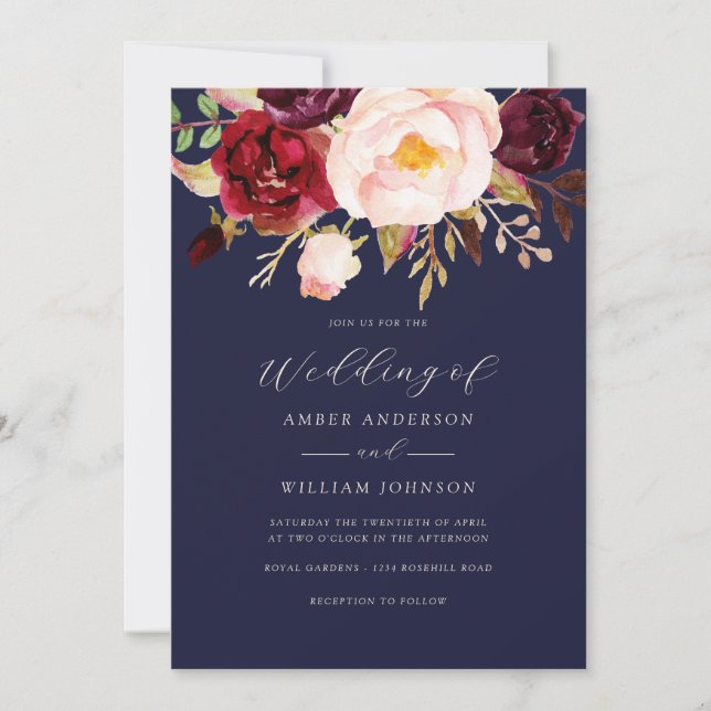 Convite Casamento Floral Azul Marinho Bege Borgonha   (Frente)