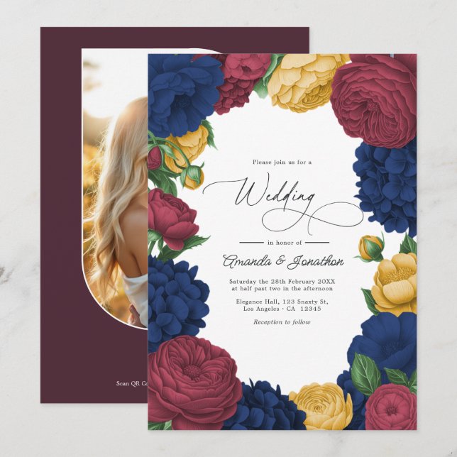 Convite Casamento Floral Azul Marinho, Borgonha e Dourado (Frente/Verso)