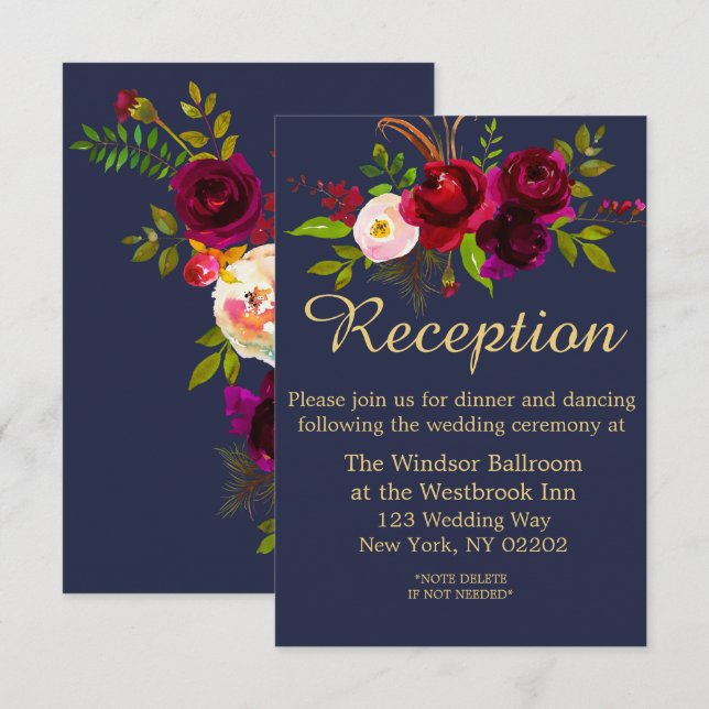Convite Casamento Floral Azul Marinho Borgonha Script (Frente/Verso)