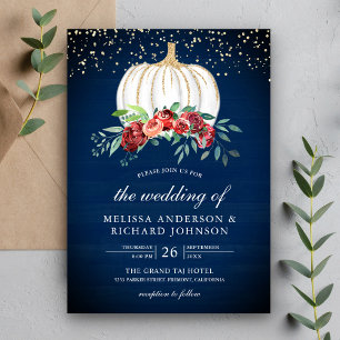 Convite Casamento Floral Azul Marinho Branco Abóbora Borgo
