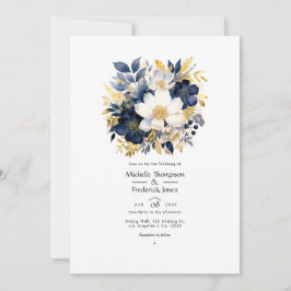 Convite Casamento Floral Azul Marinho, Branco e Dourado