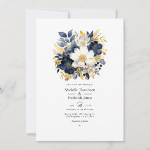 Convite Casamento Floral Azul Marinho, Branco e Dourado