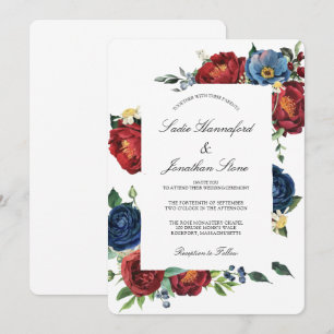Convite Casamento Floral Azul Marinho Burgundy Vermelho El