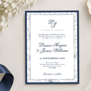 Convite Casamento Floral Azul Marinho Clássico Camadas