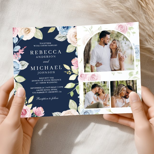 Convite Casamento Floral Azul Marinho Código QR Primavera  (Criador carregado)