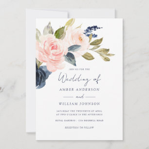 Convite Casamento Floral Azul Marinho com Rubor  