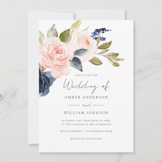 Convite Casamento Floral Azul Marinho com Rubor   (Frente)