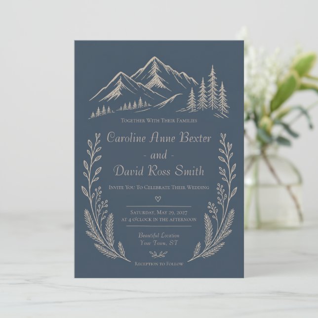Convite Casamento Floral Azul Marinho com Tema de Floresta (Em pé/Frente)