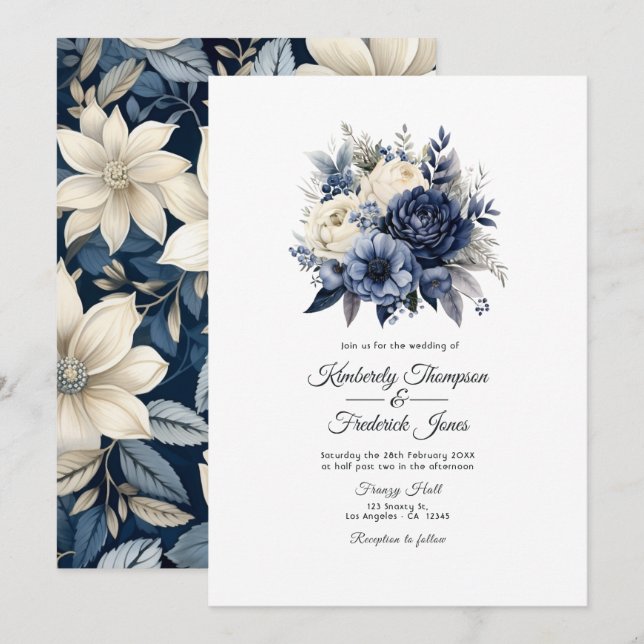 Convite Casamento Floral Azul Marinho, Creme e Prata (Frente/Verso)
