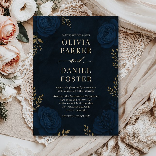 Convite Casamento Floral Azul Marinho Dourado (Criador carregado)