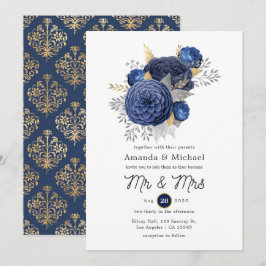 Convite Casamento Floral Azul Marinho, Dourado e Prata