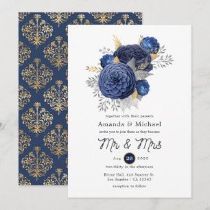 Convite Casamento Floral Azul Marinho, Dourado e Prata