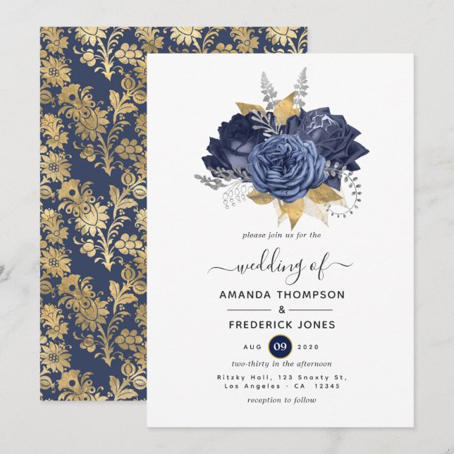 Convite Casamento Floral Azul Marinho, Dourado e Prata (Frente/Verso)