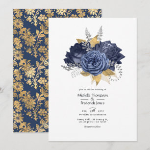 Convite Casamento Floral Azul Marinho, Dourado e Prata