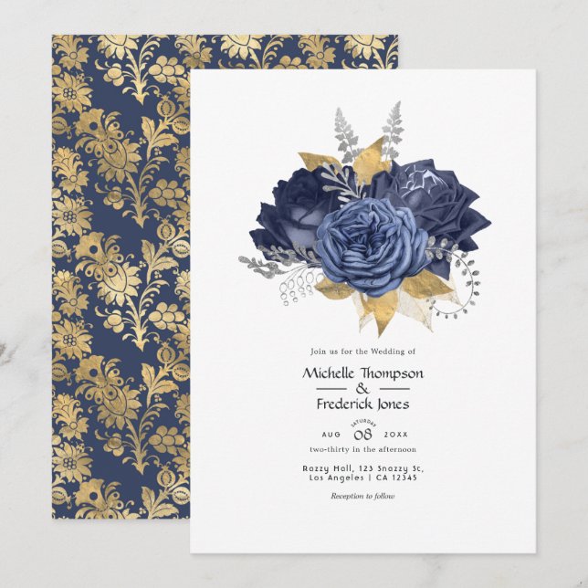 Convite Casamento Floral Azul Marinho, Dourado e Prata (Frente/Verso)