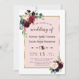 Convite Casamento Floral Azul-Marinho Dourado romântico