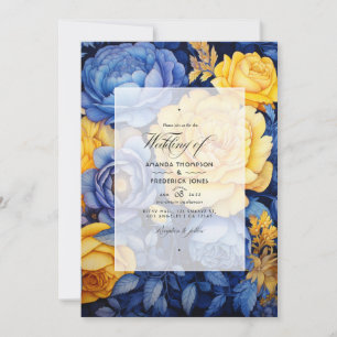 Convite Casamento Floral Azul Marinho e Amarelo