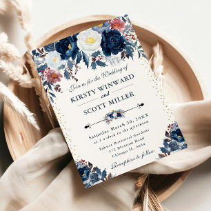 Convite Casamento Floral Azul Marinho e Azul Claro Elegant