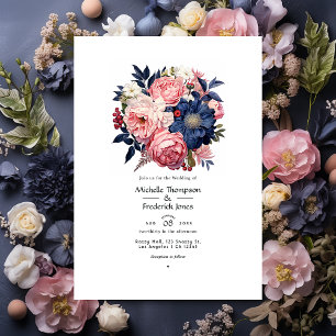 Convite Casamento Floral Azul Marinho e Bege