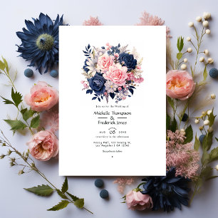 Convite Casamento Floral Azul Marinho e Bege
