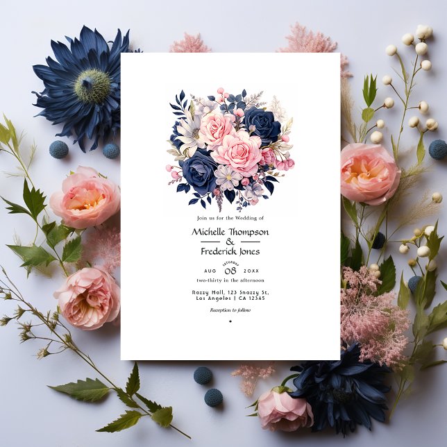 Convite Casamento Floral Azul Marinho e Bege (Criador carregado)