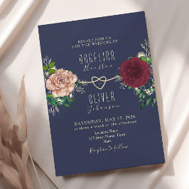Convite Casamento Floral Azul-Marinho e Borgonha Elegante