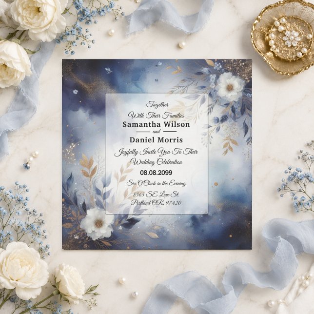 Convite Casamento Floral Azul Marinho e Dourado (Criador carregado)
