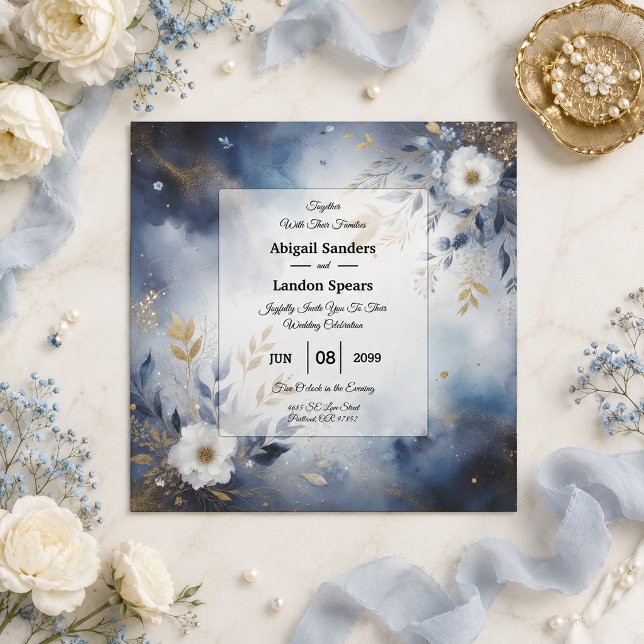 Convite Casamento Floral Azul Marinho e Dourado (Criador carregado)