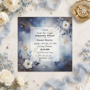 Convite Casamento Floral Azul Marinho e Dourado