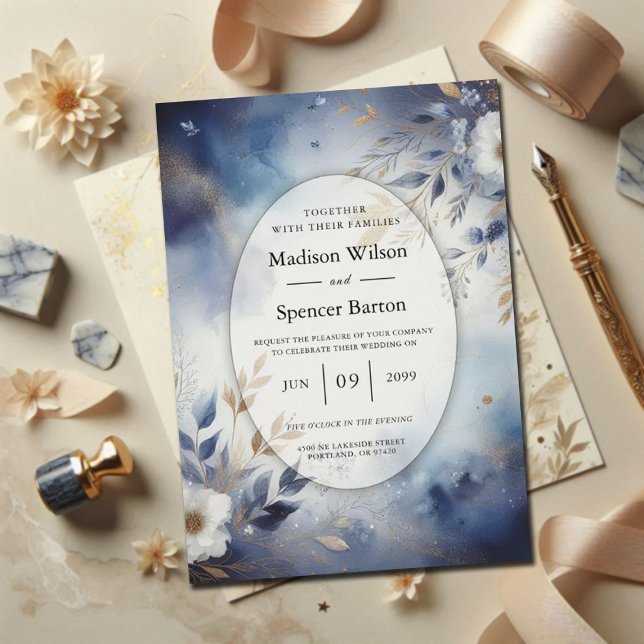 Convite Casamento Floral Azul Marinho e Dourado (Criador carregado)
