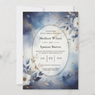 Convite Casamento Floral Azul Marinho e Dourado
