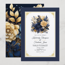 Convite Casamento Floral Azul Marinho e Dourado