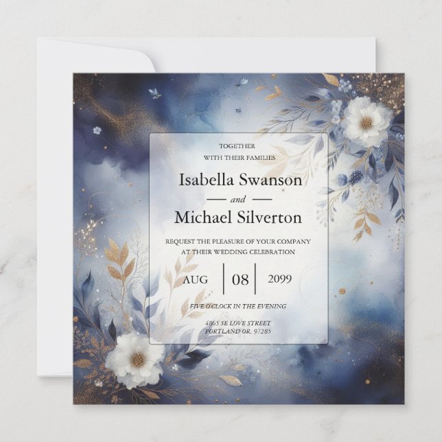 Convite Casamento Floral Azul Marinho e Dourado (Frente)