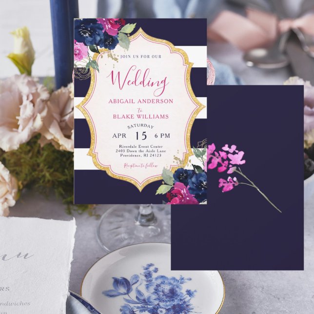 Convite Casamento Floral Azul Marinho e Fúcsia (Criador carregado)